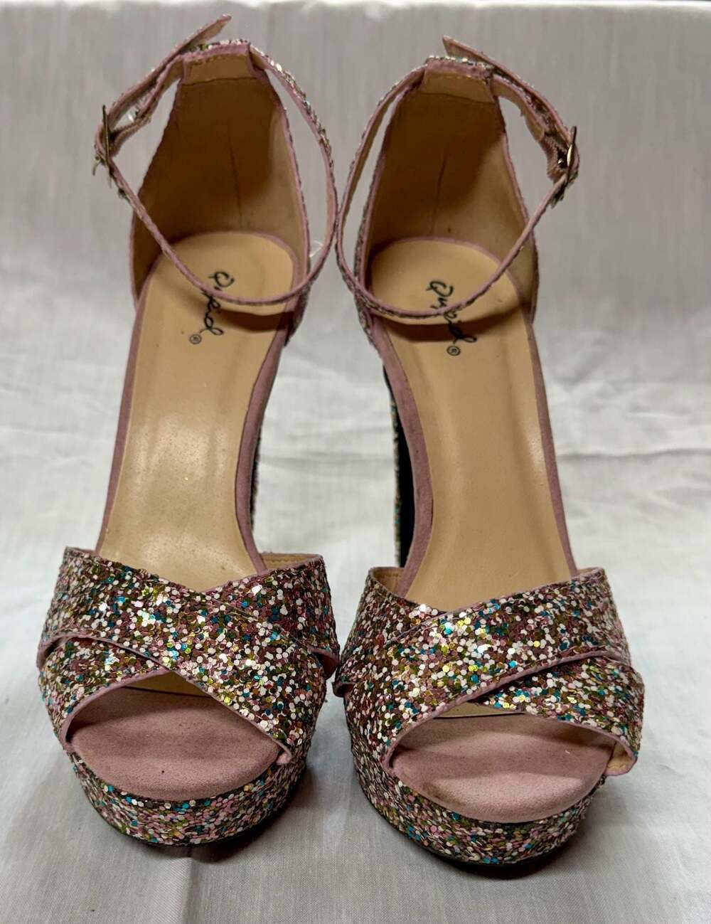 Qupid Women's Pink Multi-Colored Glitter Ankle Strap Platform Heels